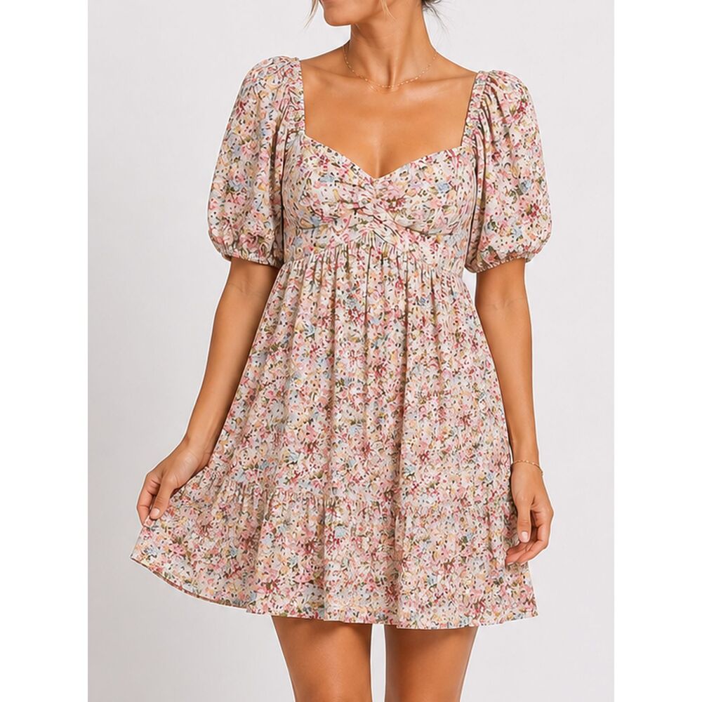 Free The Roses Floral Puff Sleeve Babydoll Mini Dress L